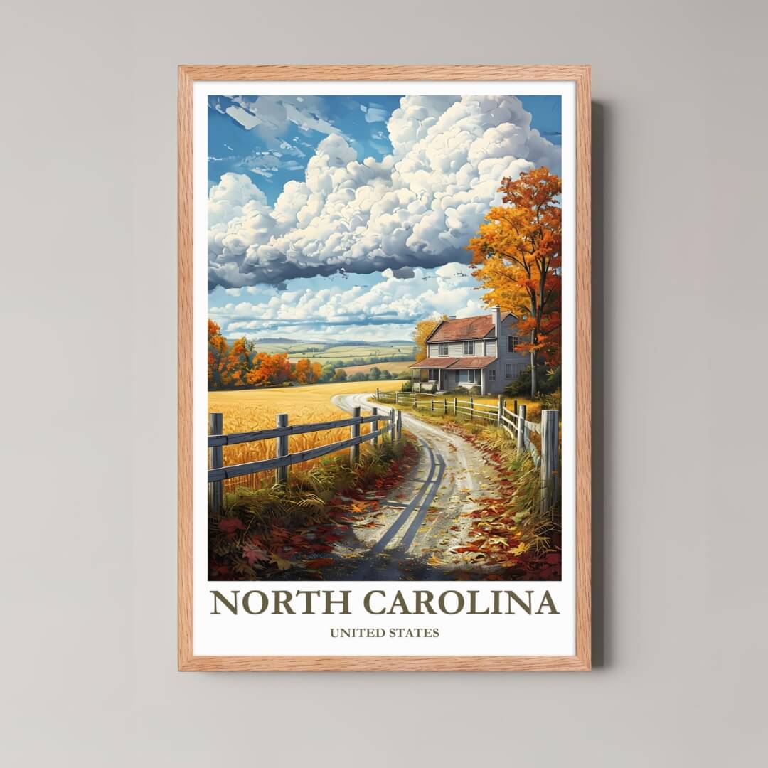 A framed illustration of the country scene with a rustic red oak wood frame, highlighting the warm autumn colors and peaceful setting.