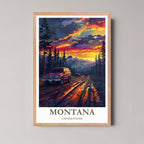 A framed illustration of the mountain scene with a rustic red oak wood frame, highlighting the rich sunset colors and earthy tones.