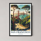 A framed, vibrant illustration of the Golden Gate Bridge seen through coastal pine trees, set against the Pacific Ocean in a classic black frame.