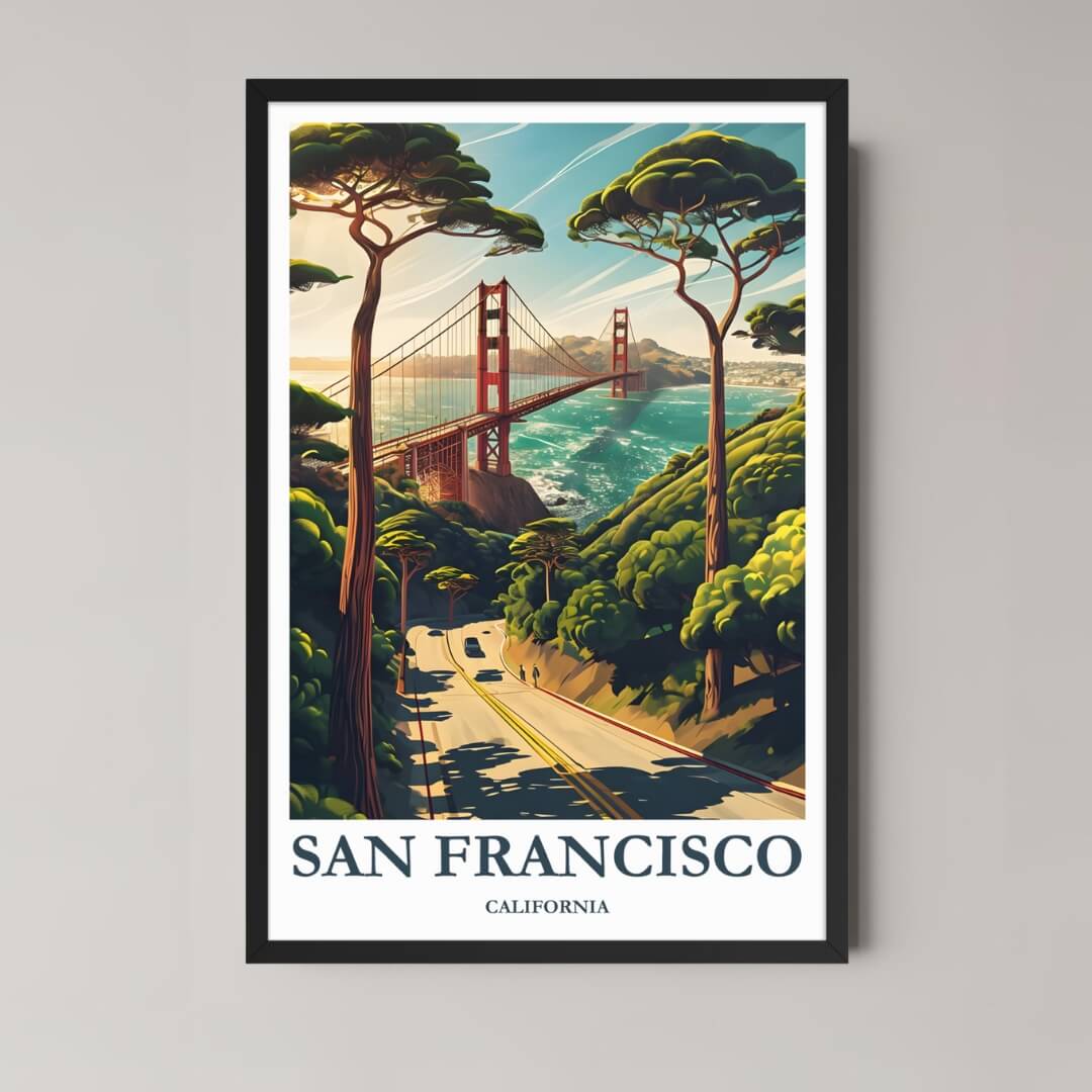 A framed, vibrant illustration of the Golden Gate Bridge seen through coastal pine trees, set against the Pacific Ocean in a classic black frame.