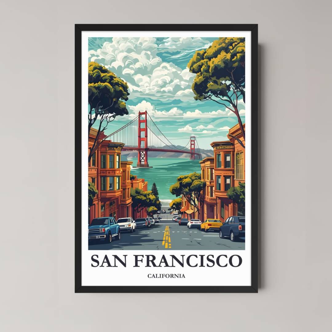 A framed, vibrant illustration of a downhill San Francisco street, showing Victorian buildings and the Golden Gate Bridge in the distance, in a classic black frame.