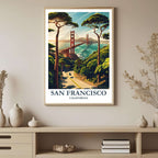 A high-quality framed poster featuring the name SAN FRANCISCO, CALIFORNIA and the city's famous Golden Gate Bridge, perfect for a nostalgic travel gift.