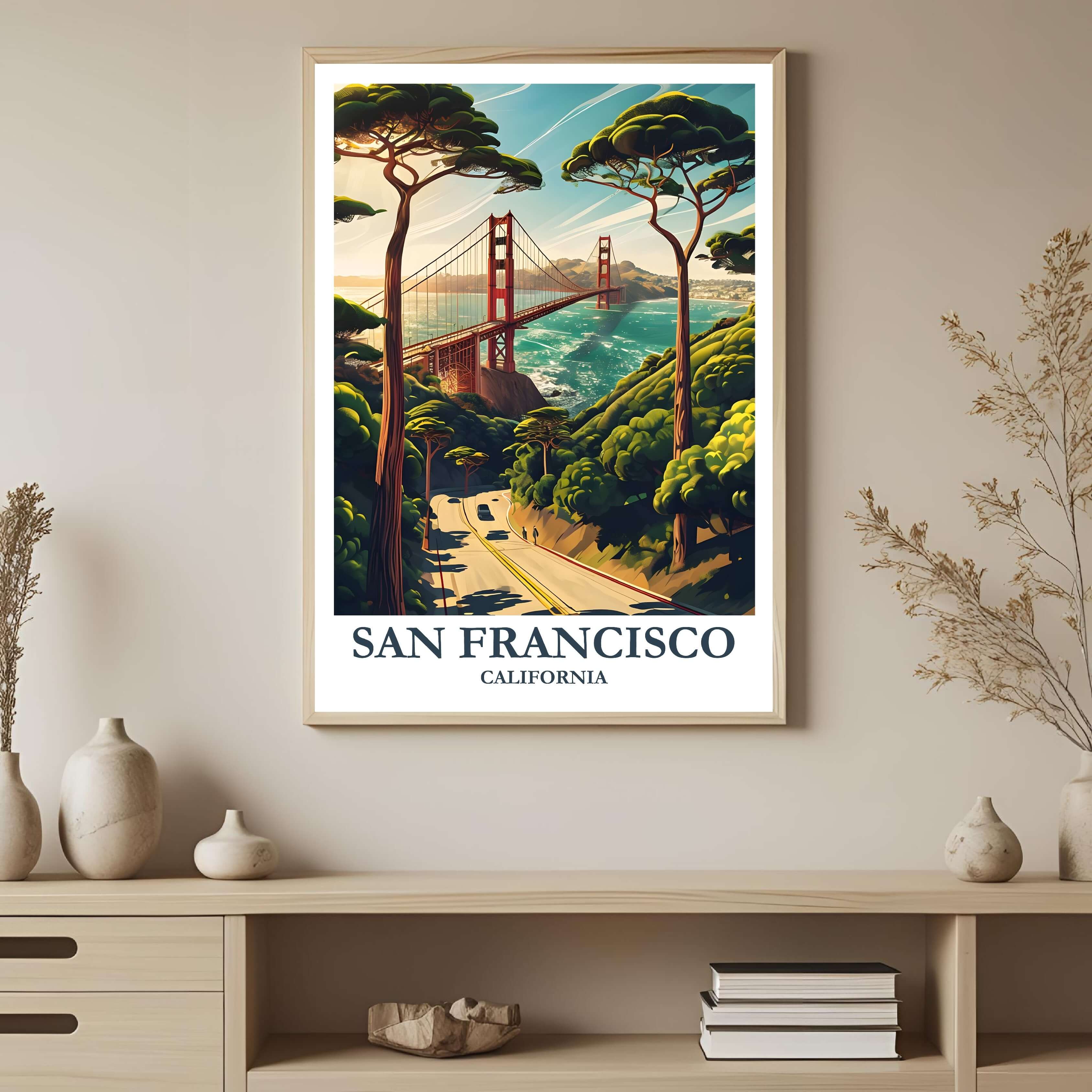 A high-quality framed poster featuring the name SAN FRANCISCO, CALIFORNIA and the city's famous Golden Gate Bridge, perfect for a nostalgic travel gift.