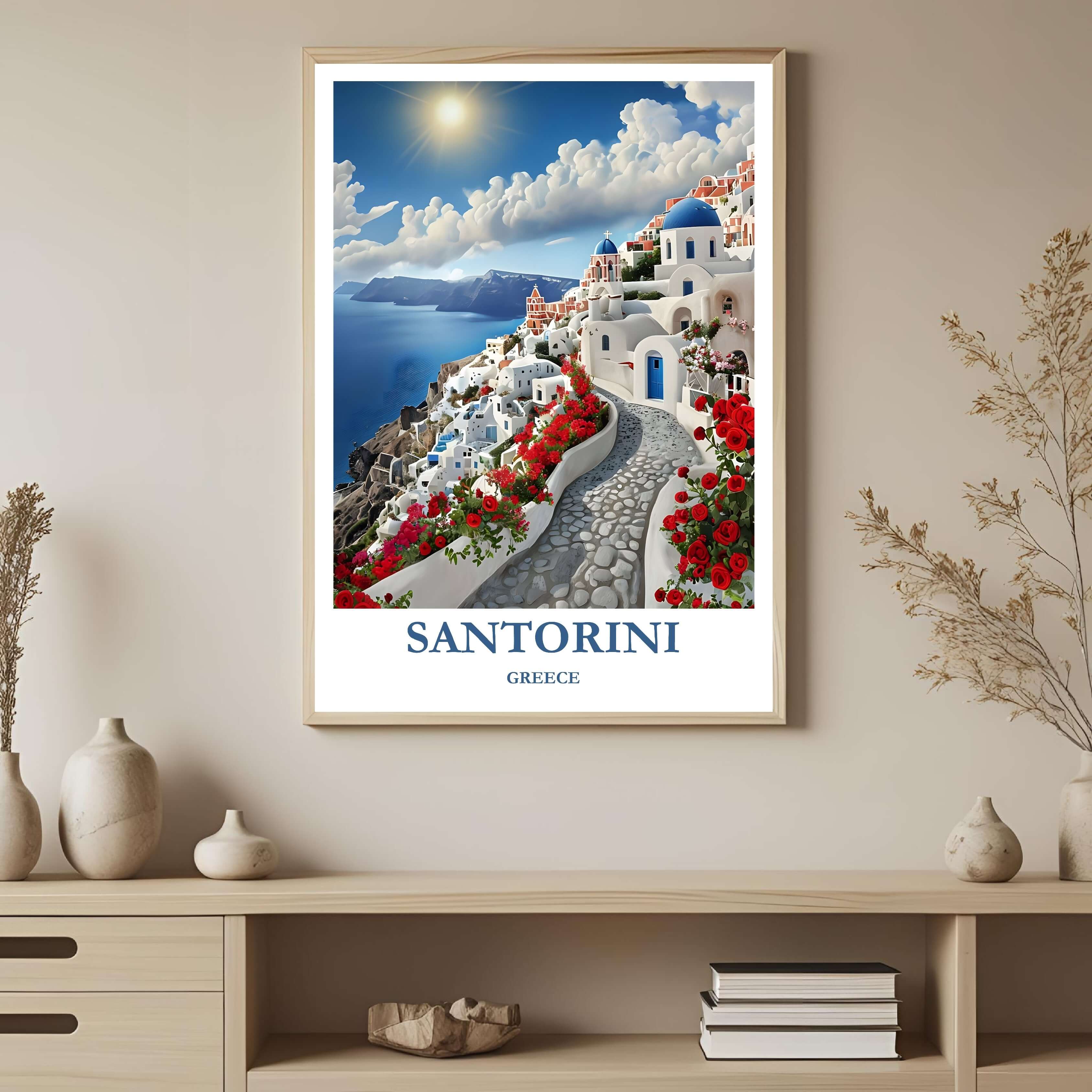 A framed, high-quality poster featuring the name SANTORINI, GREECE and the island's famous romantic view, perfect as an exclusive wedding or honeymoon gift.