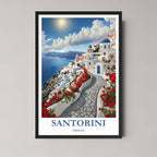 A framed, vibrant illustration of Santorini, Greece, showing the white-washed Oia village, blue dome, and red roses against the Aegean Sea, in a classic black frame.