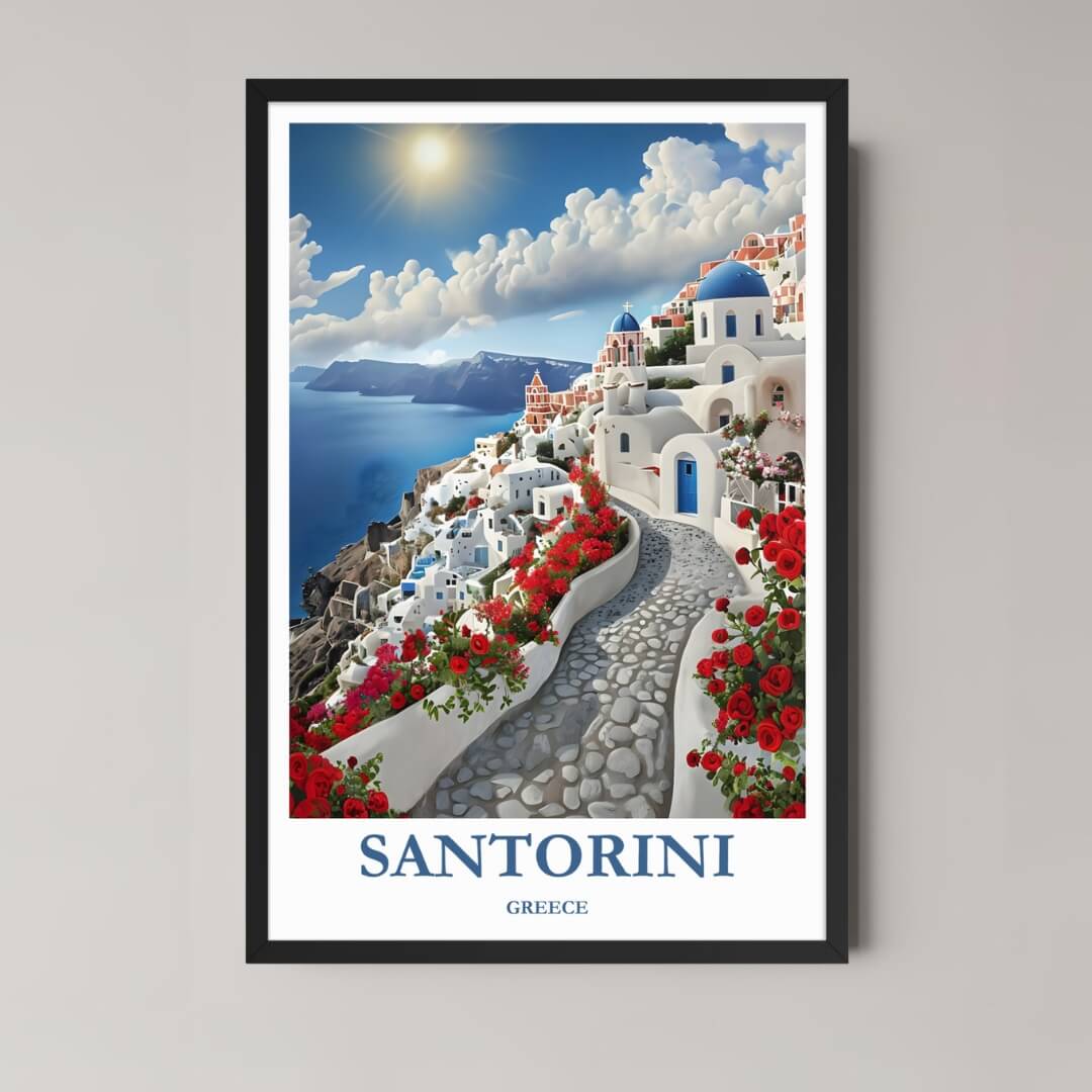 A framed, vibrant illustration of Santorini, Greece, showing the white-washed Oia village, blue dome, and red roses against the Aegean Sea, in a classic black frame.