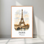 Framed Eiffel Tower art in a natural Red Oak wood frame. Emphasizes the warm, golden light and autumnal tones.