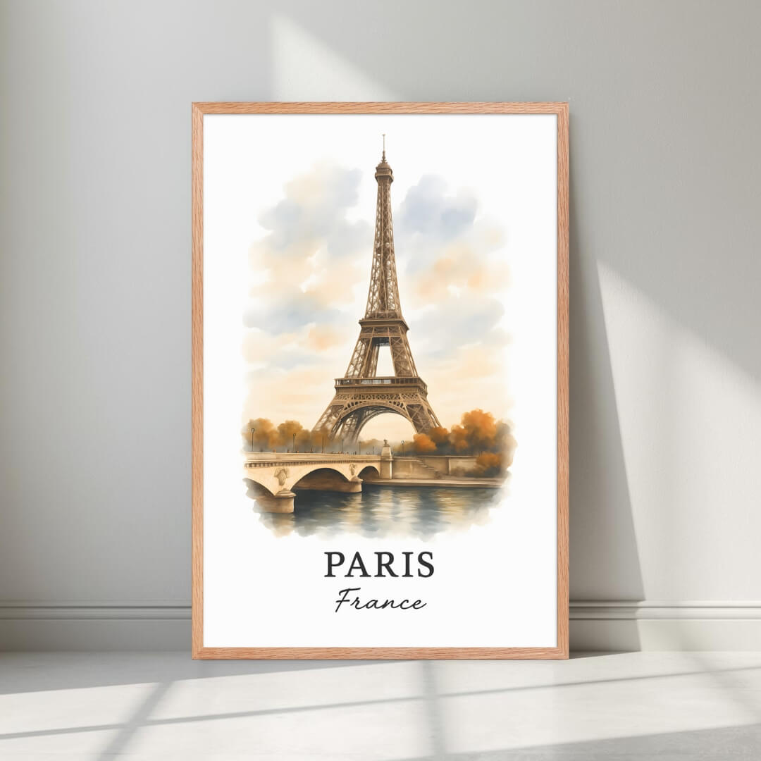 Framed Eiffel Tower art in a natural Red Oak wood frame. Emphasizes the warm, golden light and autumnal tones.