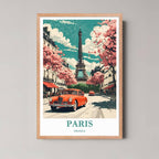 A framed illustration of the Paris scene with a rustic red oak wood frame, highlighting the rich orange and yellow sunset colors.