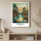 A framed art print depicting the vibrant Kerala Backwaters and palm trees, styled to complement a light and resort-like interior.
