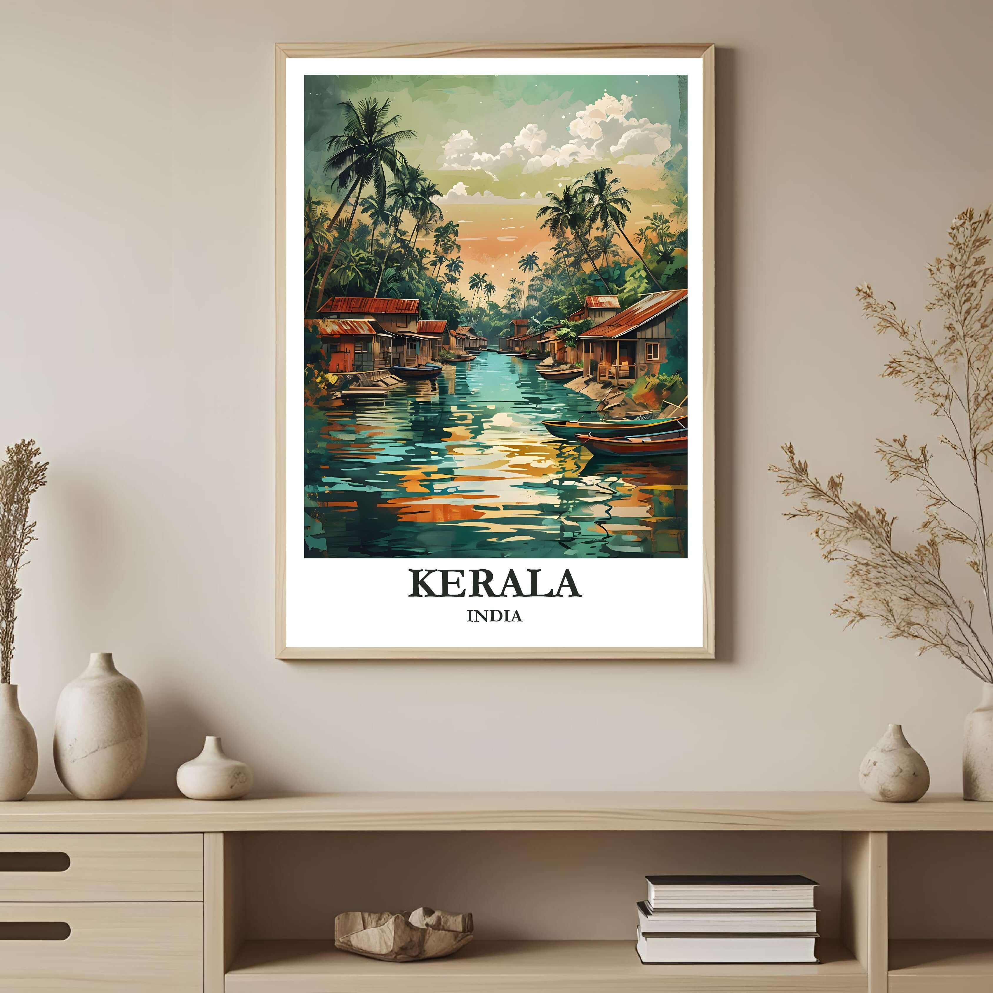 A framed art print depicting the vibrant Kerala Backwaters and palm trees, styled to complement a light and resort-like interior.