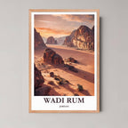A framed photo of the Wadi Rum mountains and desert shadows with a rustic red oak wood frame, highlighting the earthy tones of the landscape.