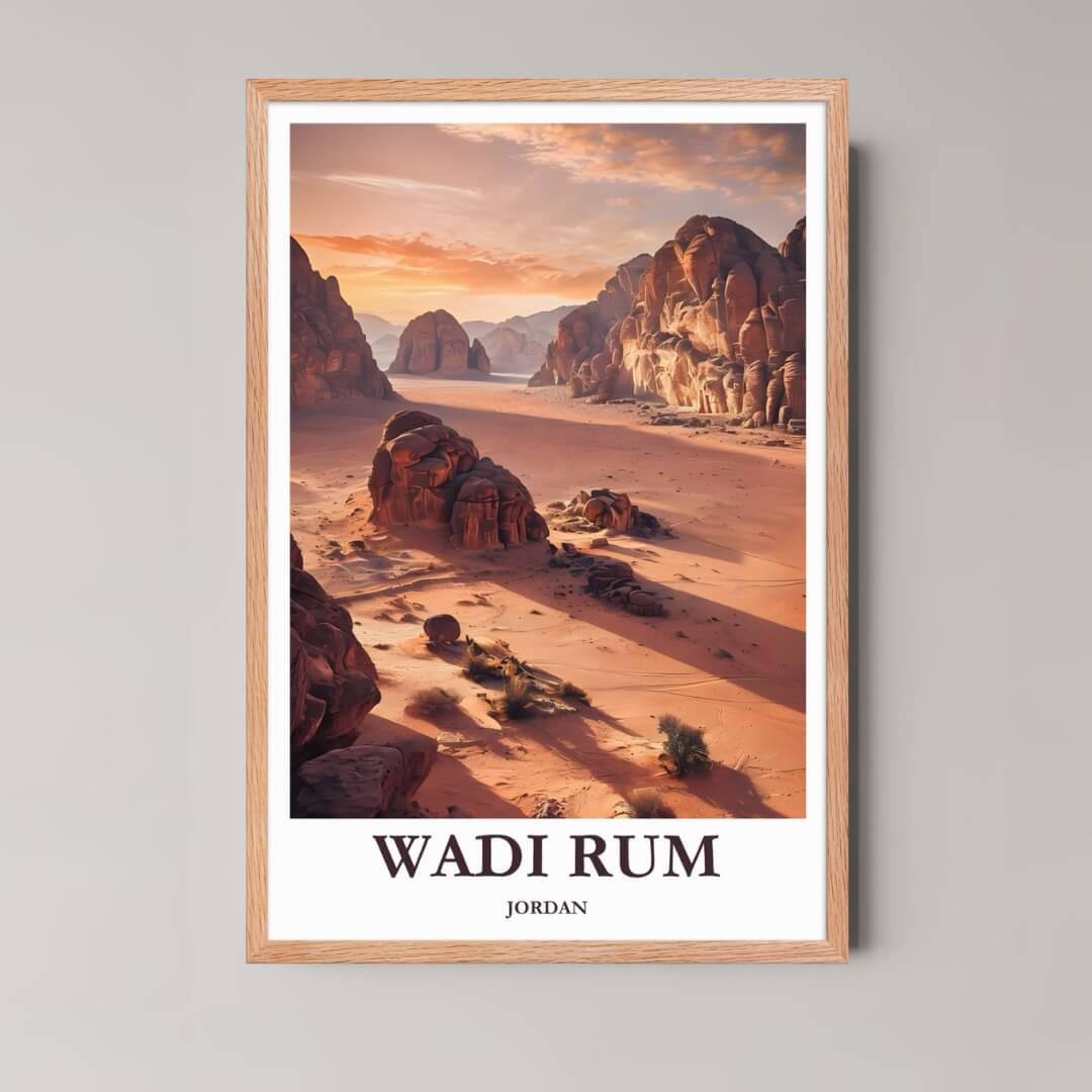 A framed photo of the Wadi Rum mountains and desert shadows with a rustic red oak wood frame, highlighting the earthy tones of the landscape.