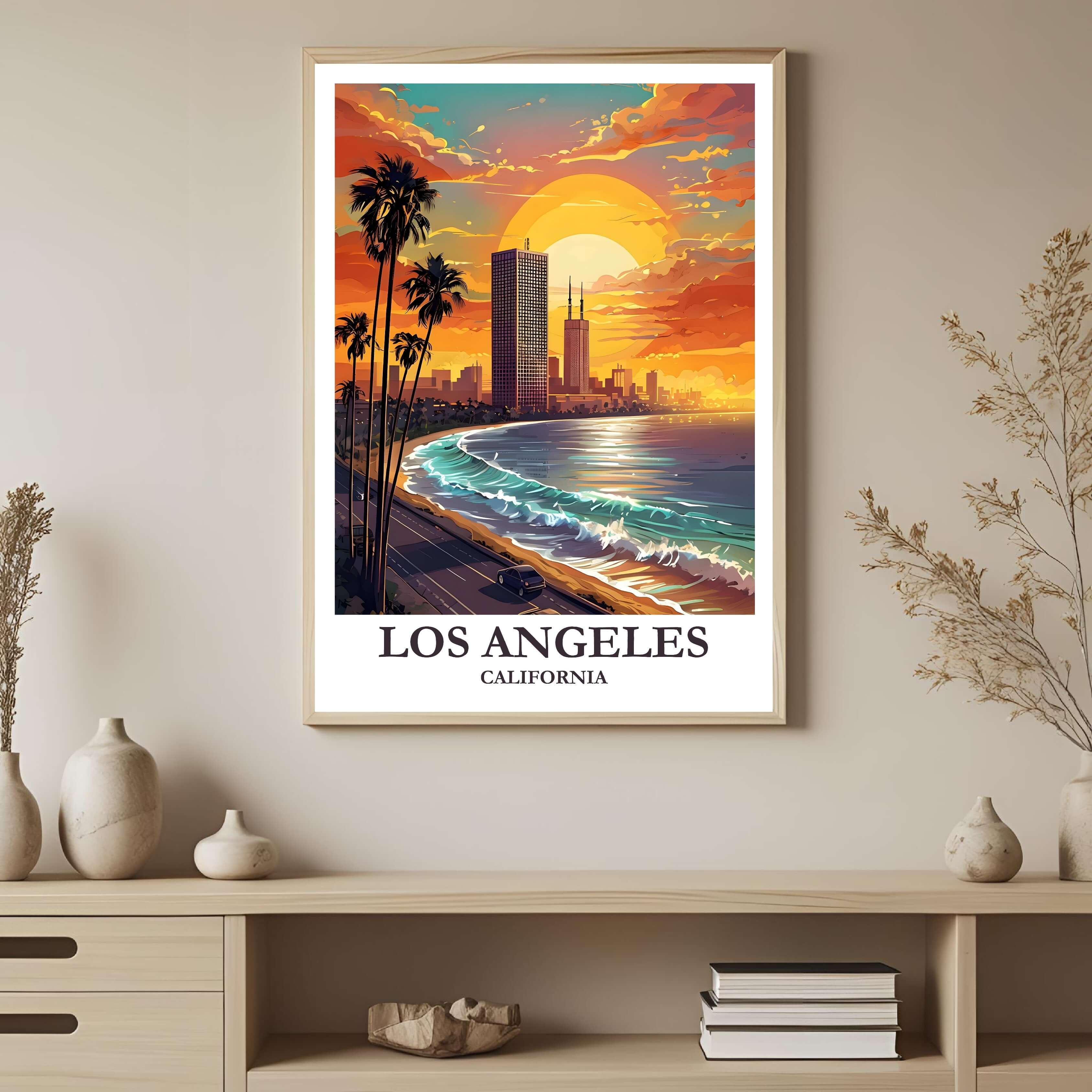 A framed art print depicting the vibrant Los Angeles sunset and coastal scene, styled to complement a light and airy interior.