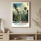 A framed art print depicting the vibrant Los Angeles cityscape and palm trees, styled to complement a light and airy interior.