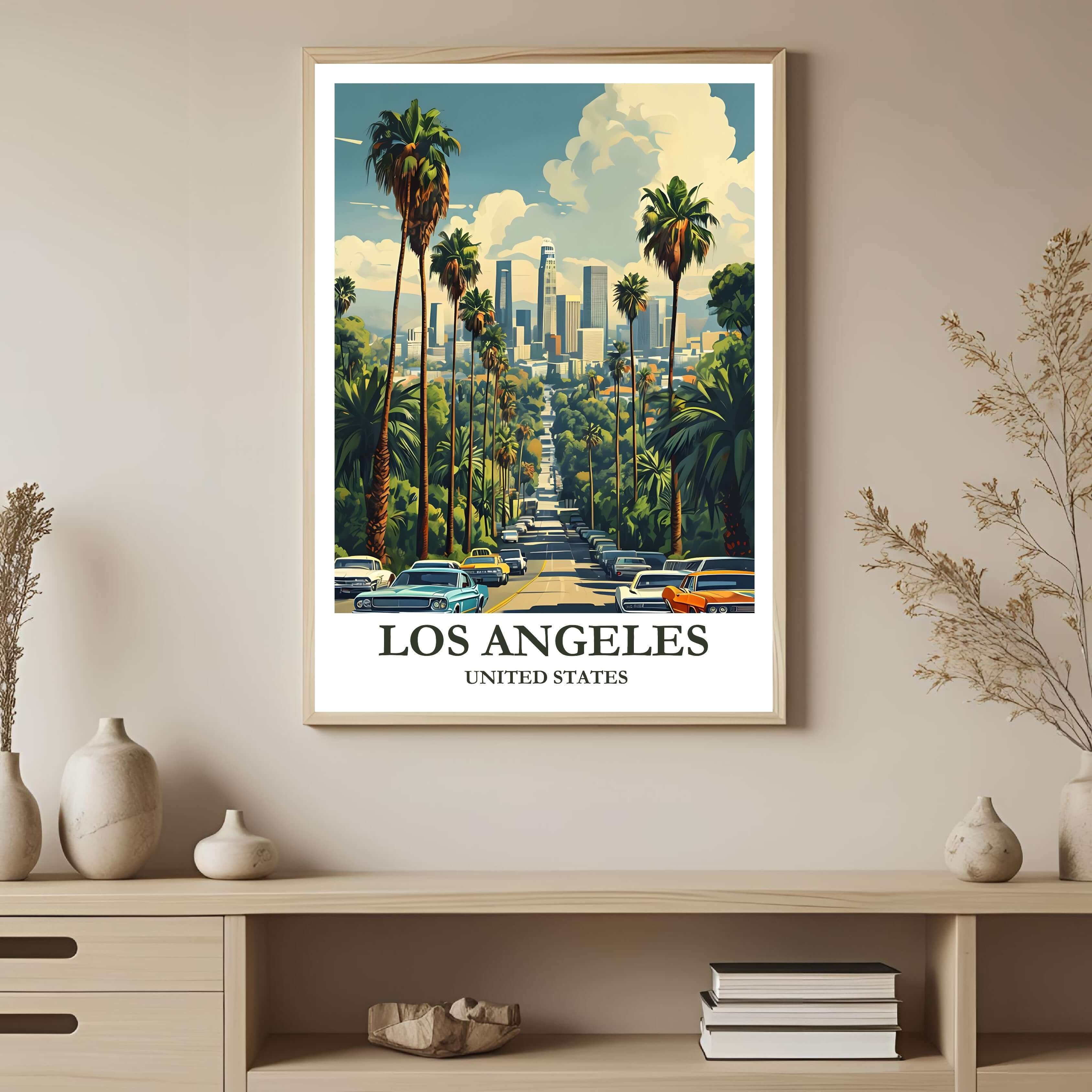 A framed art print depicting the vibrant Los Angeles cityscape and palm trees, styled to complement a light and airy interior.