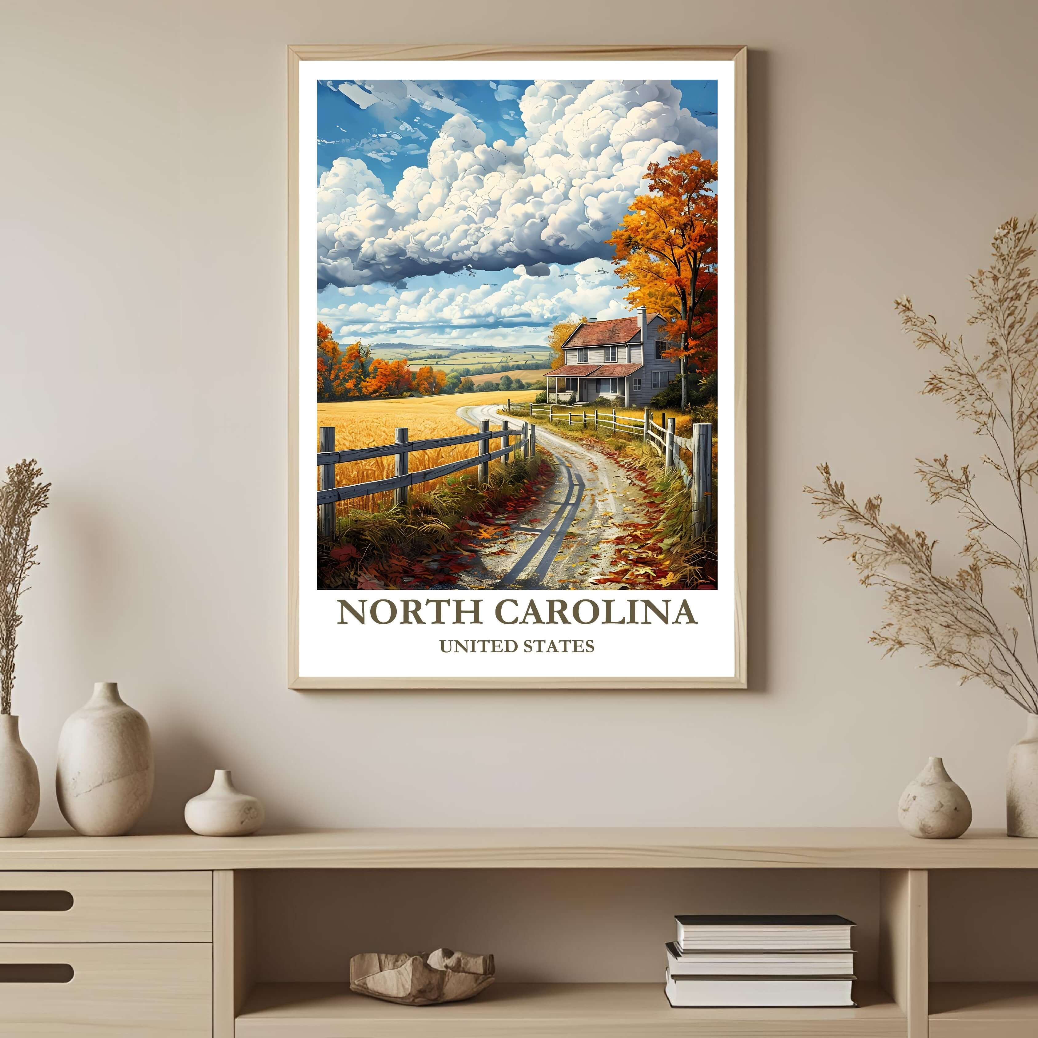 A framed art print depicting the vibrant North Carolina landscape in autumn, styled to complement a warm and sophisticated interior.