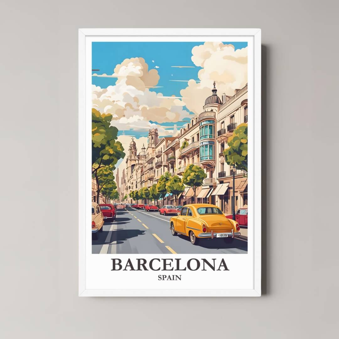 A framed art print of the Barcelona illustration with a minimalist white frame, perfect for a clean, Mediterranean-themed room.