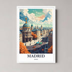 A framed art print of the Madrid illustration with a minimalist white frame, ideal for a clean, European-themed room.