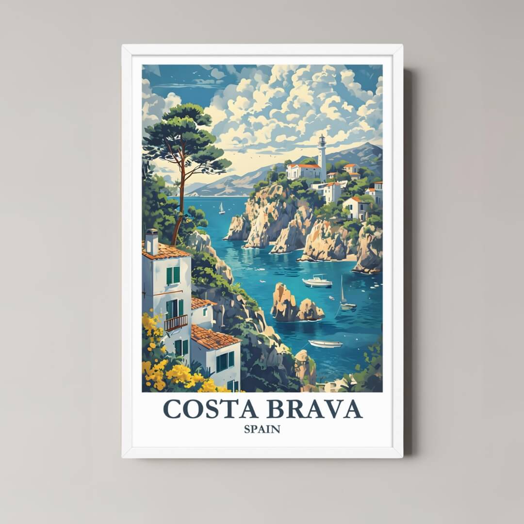 A framed art print of the Costa Brava illustration with a minimalist white frame, ideal for a clean, Mediterranean-themed room.