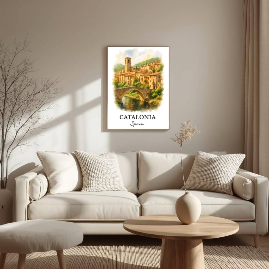 Framed Catalonia print displayed as part of a curated European gallery wall. Shows seamless integration into luxury decor collections.