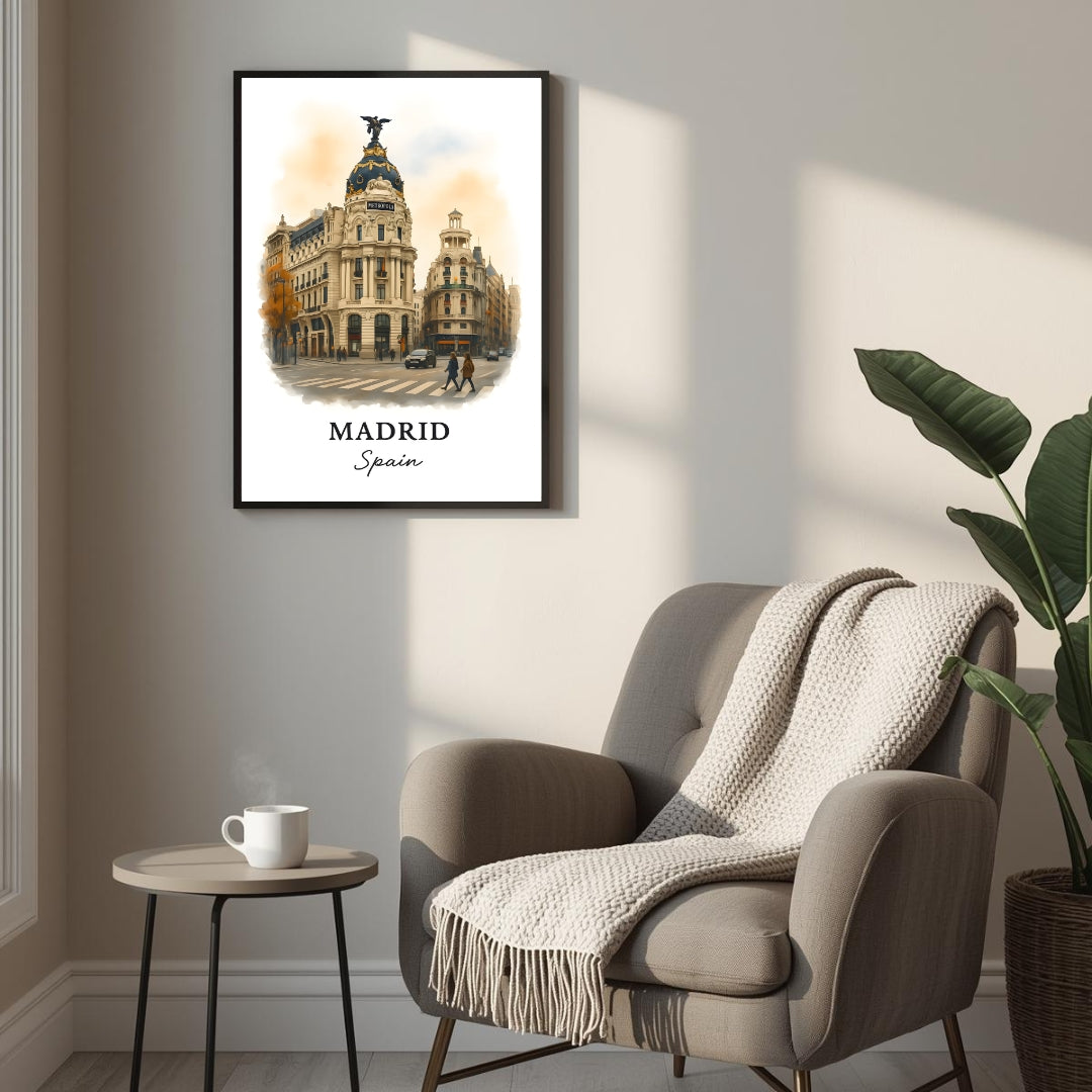 Framed Metropolis Building print displayed as part of a curated European gallery wall. Shows seamless integration into luxury decor collections.