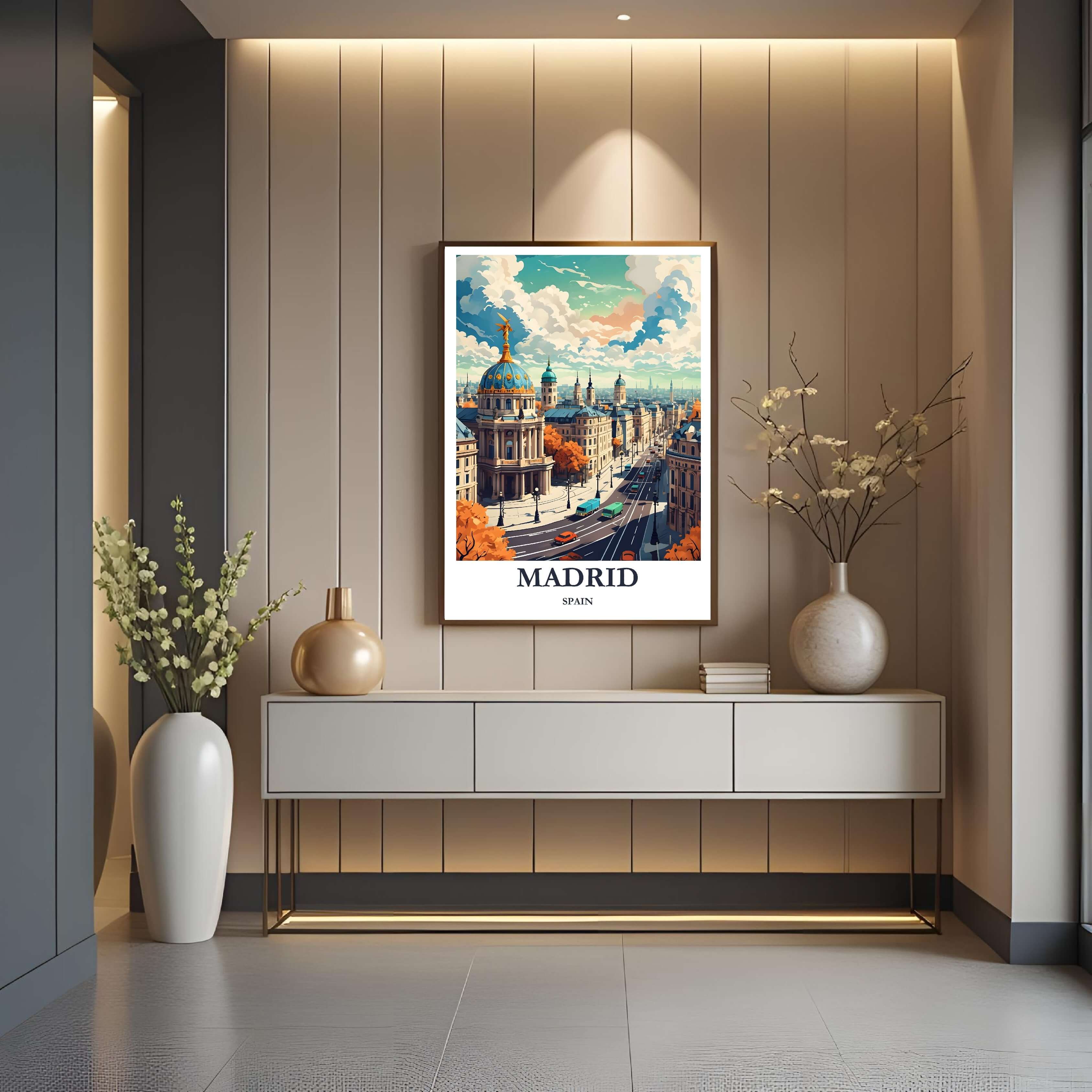 A framed art print depicting the vibrant, grand architecture of Madrid, styled to complement a sophisticated, elegance-focused interior.
