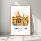 Framed Vatican City art in a natural Red Oak wood frame. Highlights the warm, historical tones of the Renaissance architecture.