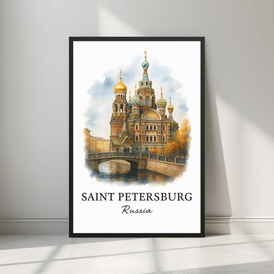 Framed art print of the majestic Church of the Savior on Spilled Blood in a sleek black Ayous wood frame. Ideal for luxury Russian imperial decor.