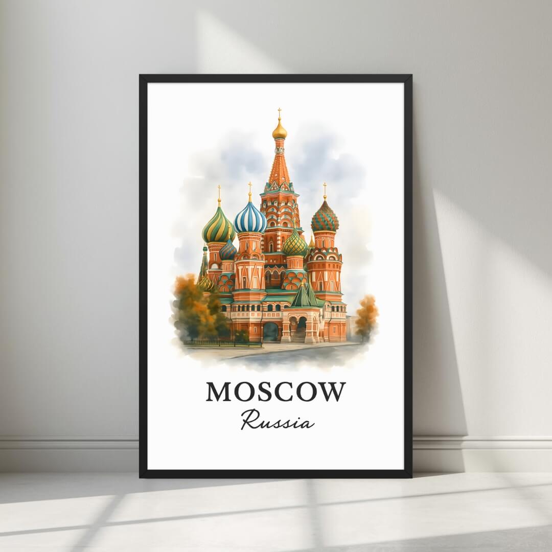 Framed art print of the iconic St. Basil's Cathedral in Red Square in a sleek black Ayous wood frame. Ideal for luxury Russian or global decor.
