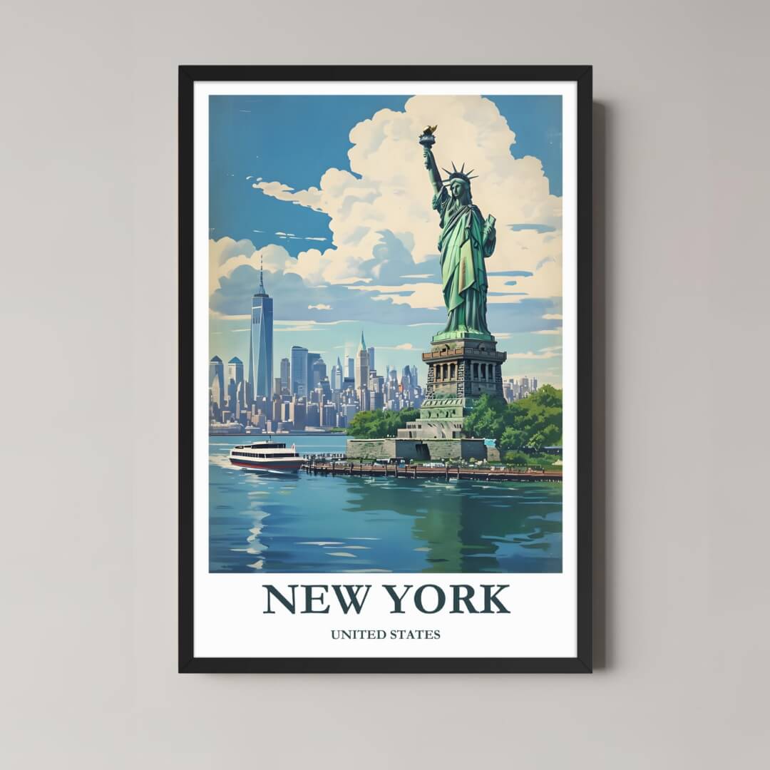 A framed, vibrant illustration of the Statue of Liberty with the modern Manhattan skyline in the background, featuring a ferry on the water and a black frame.