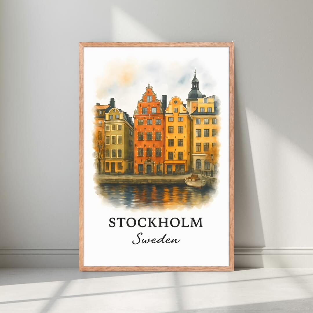 Framed Gamla Stan art in a natural Red Oak wood frame. Emphasizes the rich colors and the reflections in the water.