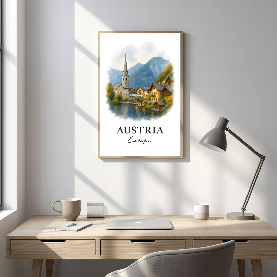 Framed Hallstatt art displayed in an office or study. Adds a sophisticated, peaceful, and inspiring atmosphere.