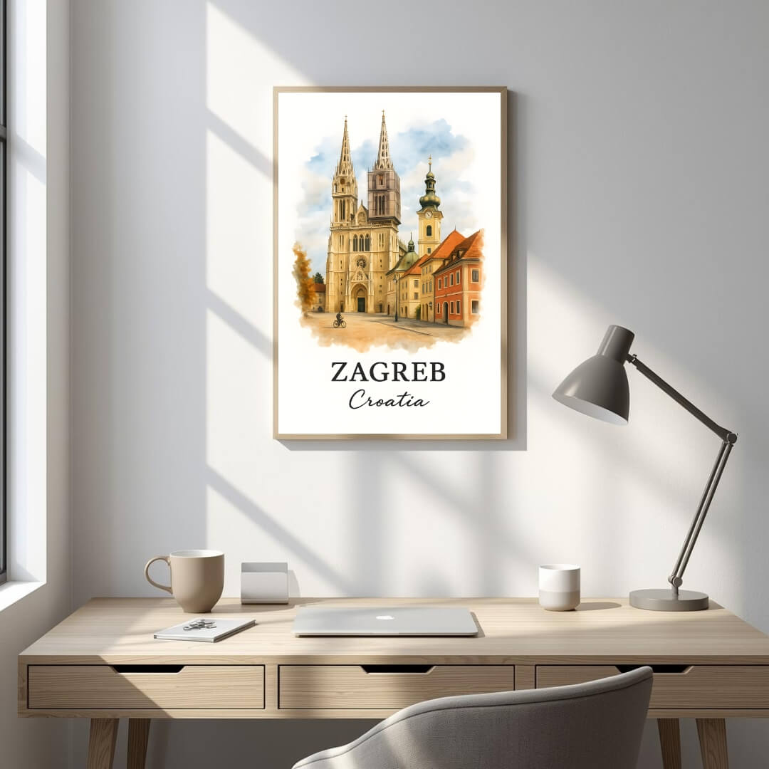 Framed Zagreb Cathedral art displayed in an office or study. Adds a sophisticated, cultural, and inspiring atmosphere.