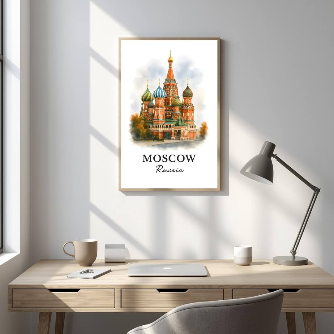 Framed St. Basil's art displayed in an office or study. Adds a sophisticated, cultural, and eye-catching atmosphere.