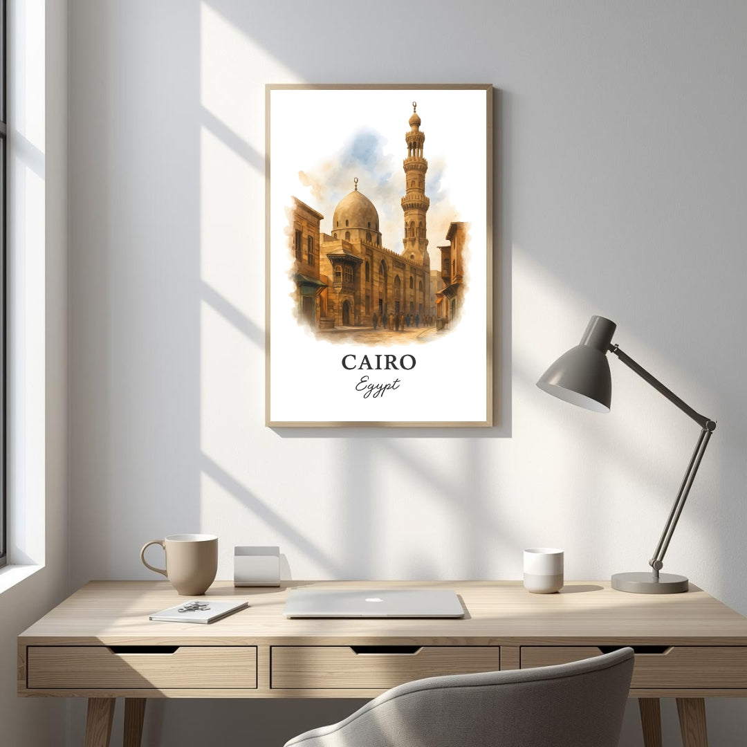 Framed Cairo art displayed in an office or study. Adds a sophisticated, cultural, and historical atmosphere.