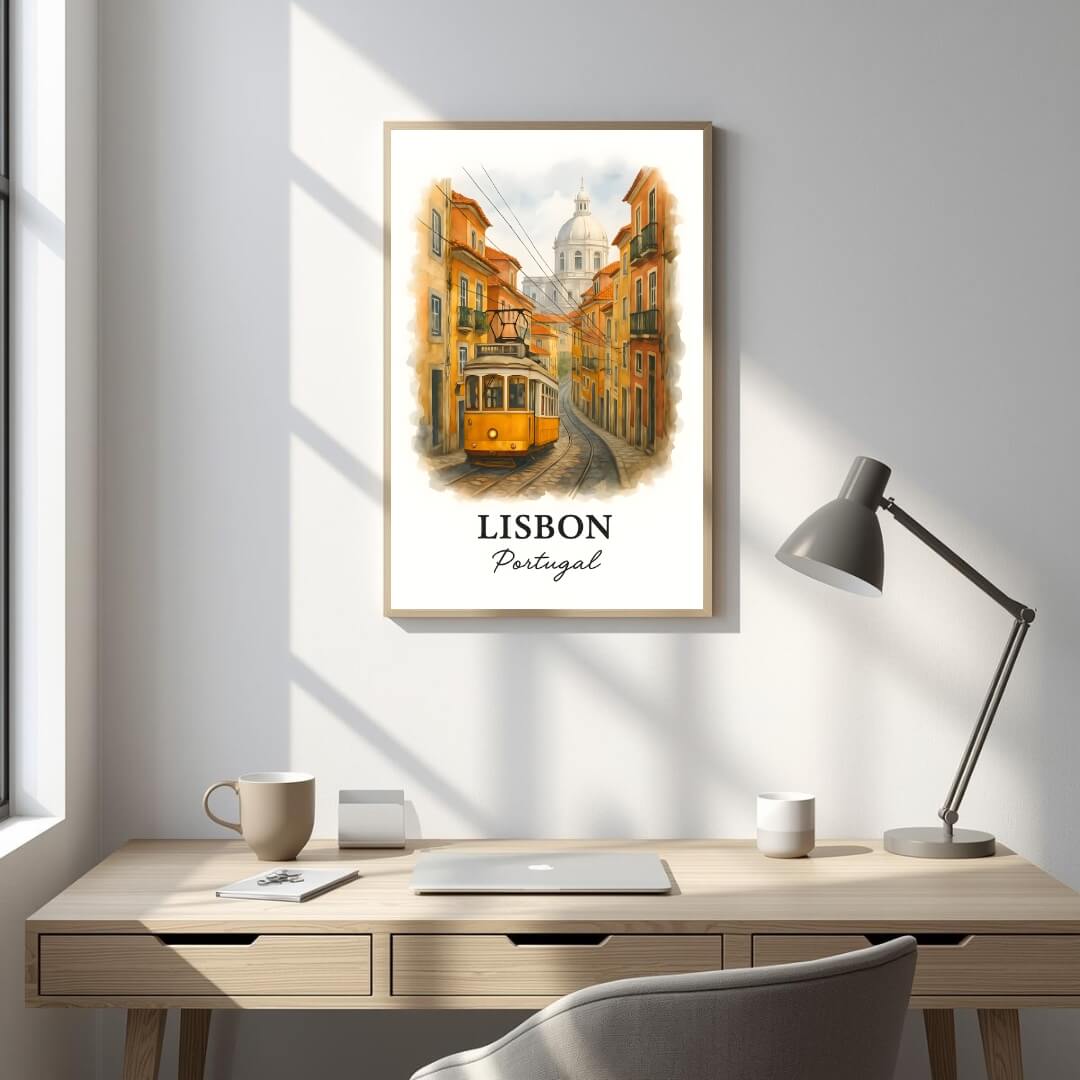 Framed Lisbon street art displayed in an office or study. Adds a sophisticated, cultural, and inspiring atmosphere.
