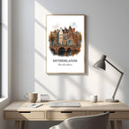 Framed Amsterdam art displayed in an office or study. Adds a sophisticated, cultural, and inspiring atmosphere.
