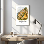 Framed Positano art displayed in an office or study. Adds a sophisticated, cultural, and inspiring atmosphere.