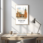 Framed Warsaw Royal Castle art displayed in an office or study. Adds a sophisticated, cultural, and historical atmosphere.