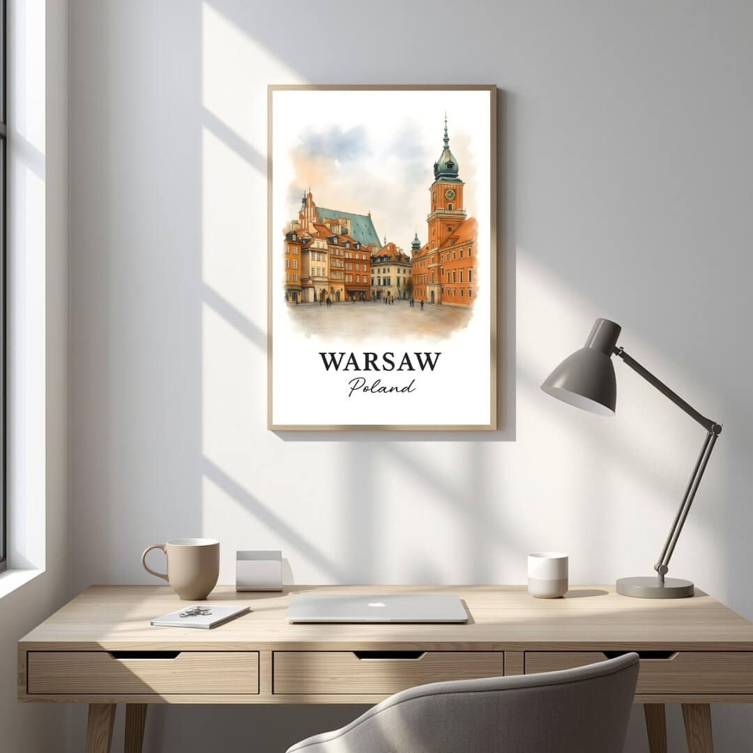 Framed Warsaw Royal Castle art displayed in an office or study. Adds a sophisticated, cultural, and historical atmosphere.