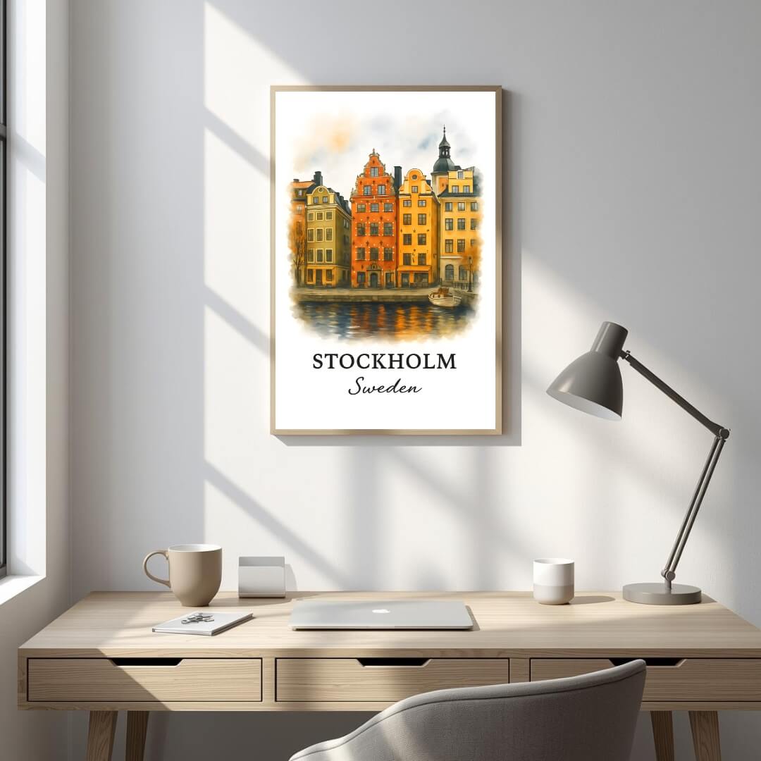 Framed Stockholm art displayed in an office or study. Adds a sophisticated, cultural, and inspiring atmosphere.