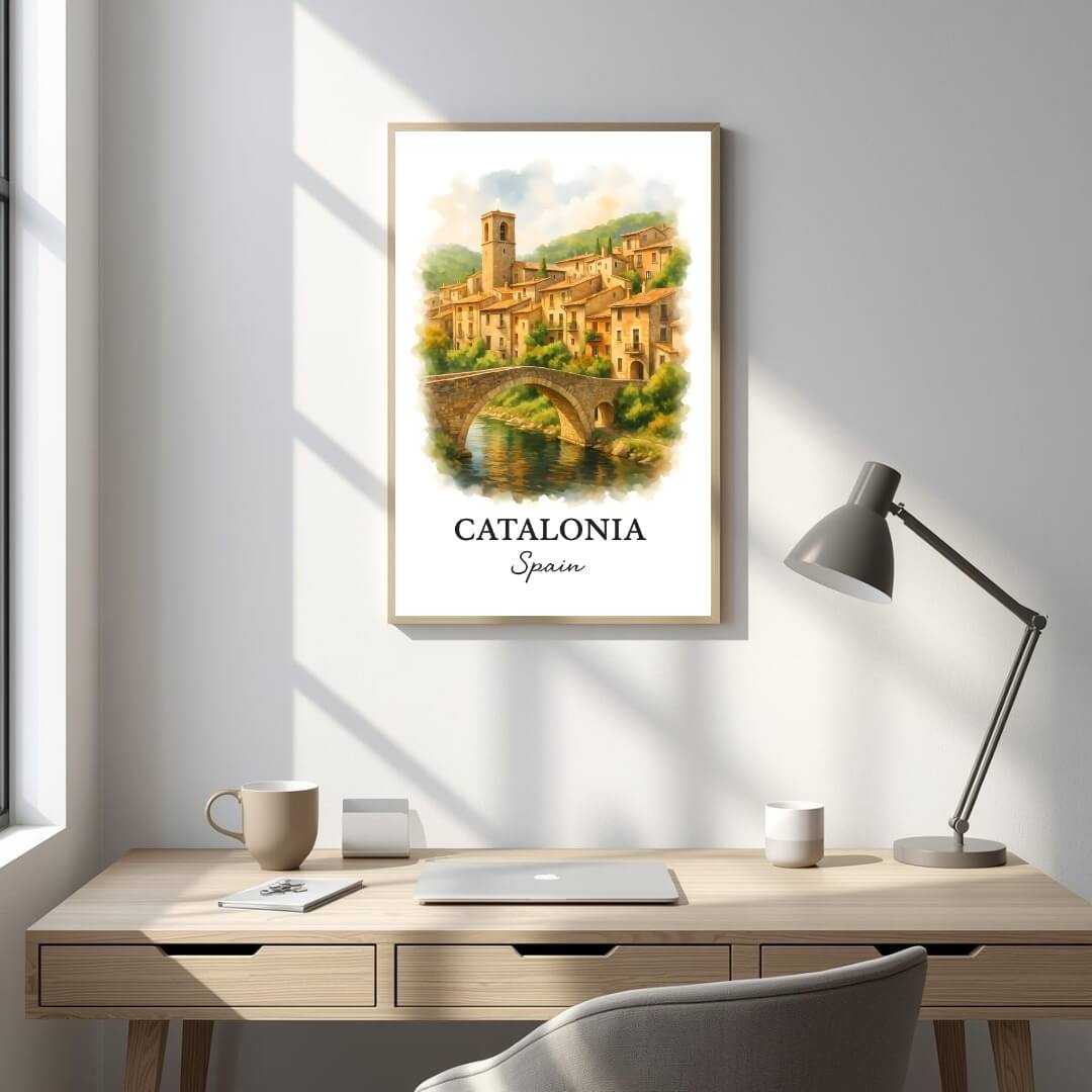 Framed Catalonian art displayed in an office or study. Adds a sophisticated, cultural, and peaceful atmosphere.