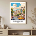 A framed art print depicting a sunlit Barcelona street with classic buildings, styled to complement a light and airy interior.