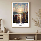 A framed art print depicting the vibrant Istanbul cityscape at sunset, styled to complement a sophisticated and travel-focused interior.