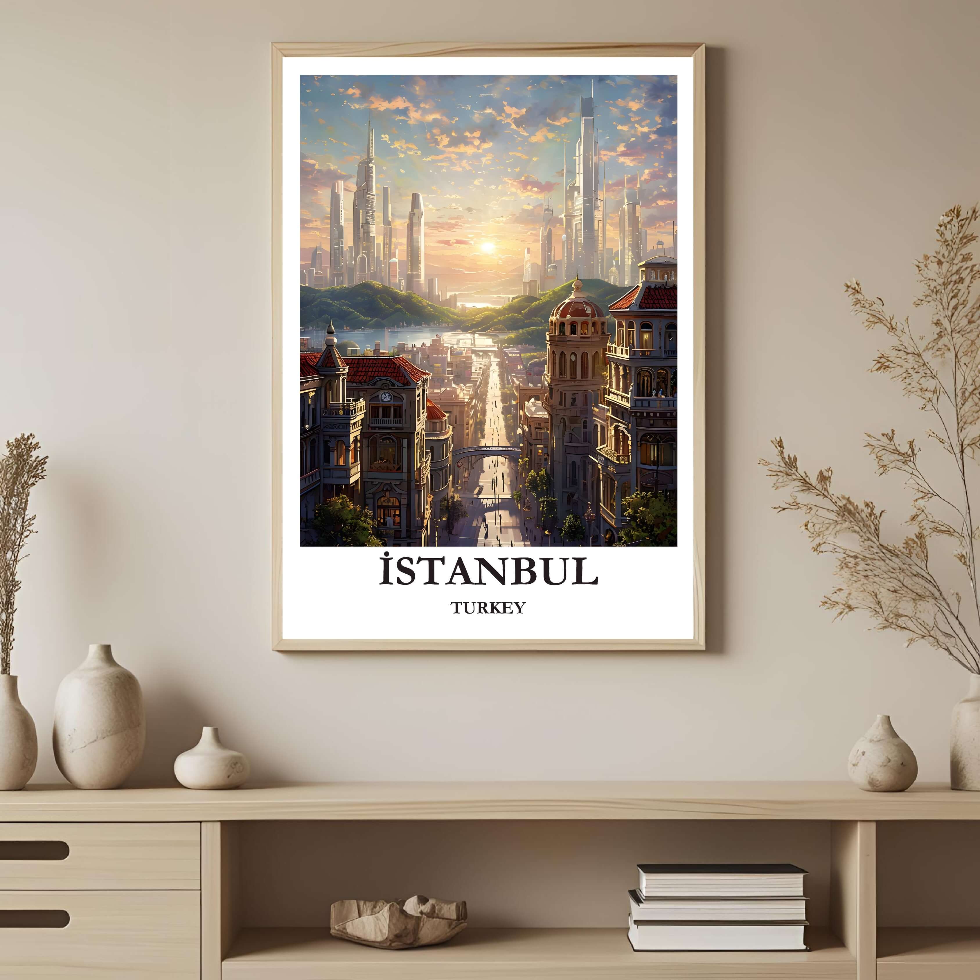 A framed art print depicting the vibrant Istanbul cityscape at sunset, styled to complement a sophisticated and travel-focused interior.