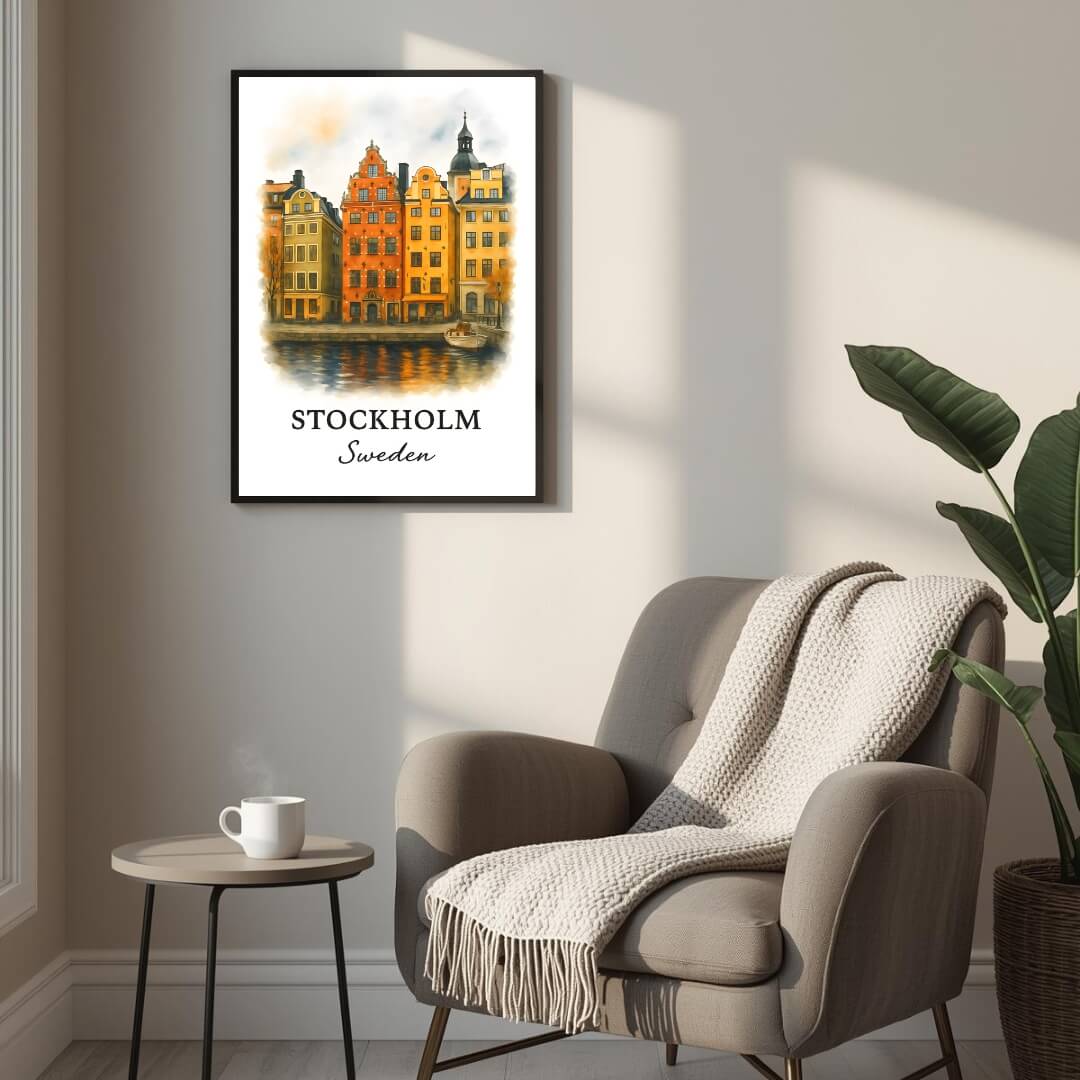 Framed Gamla Stan print displayed as part of a curated European gallery wall. Shows seamless integration into luxury decor collections.