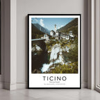  A framed art print of the Swiss alpine village with a classic black frame, adding a sleek and elegant touch to home decor.
