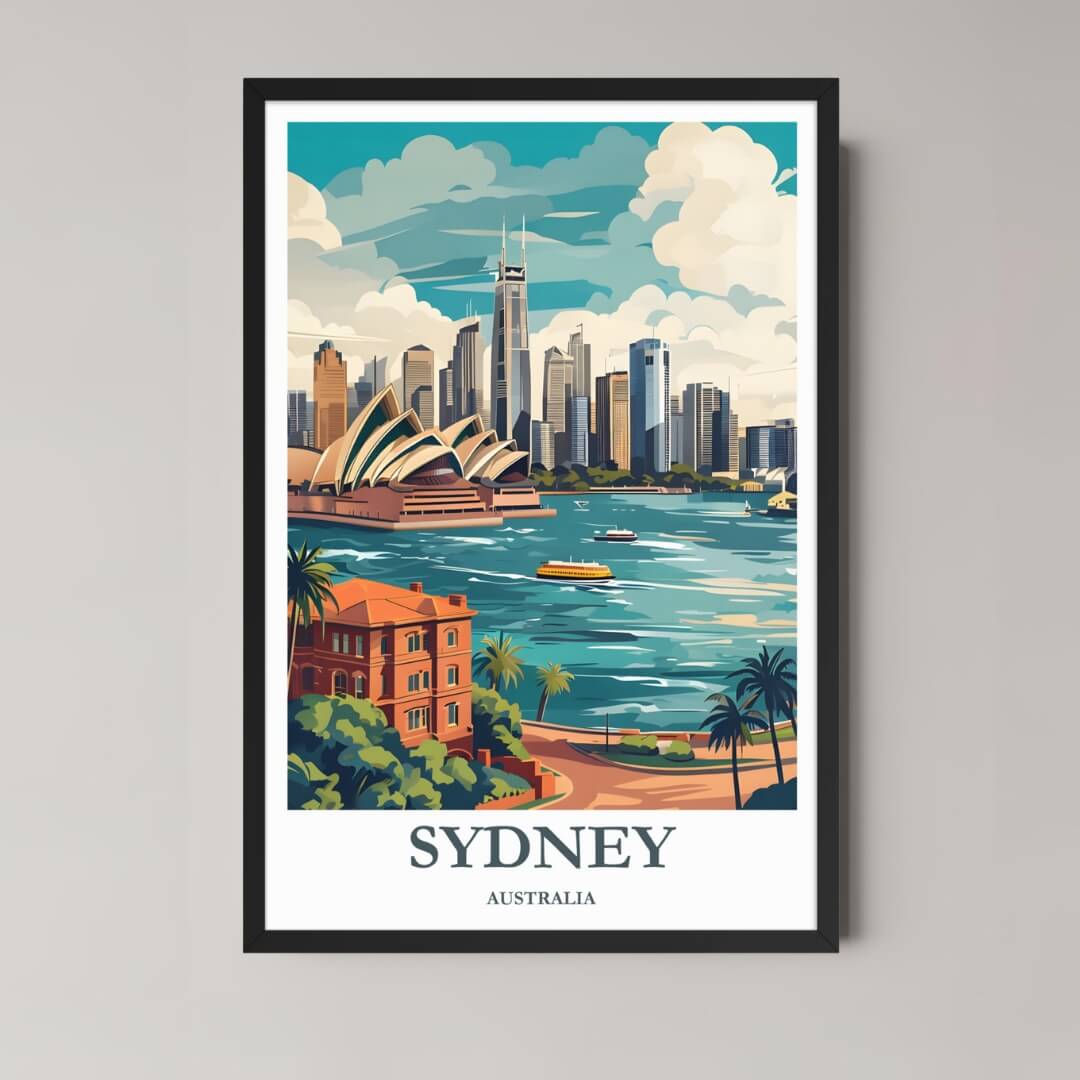 A framed, vibrant illustration of the Sydney Opera House and Harbour Bridge at sunset, reflecting on the water, displayed in a classic black frame