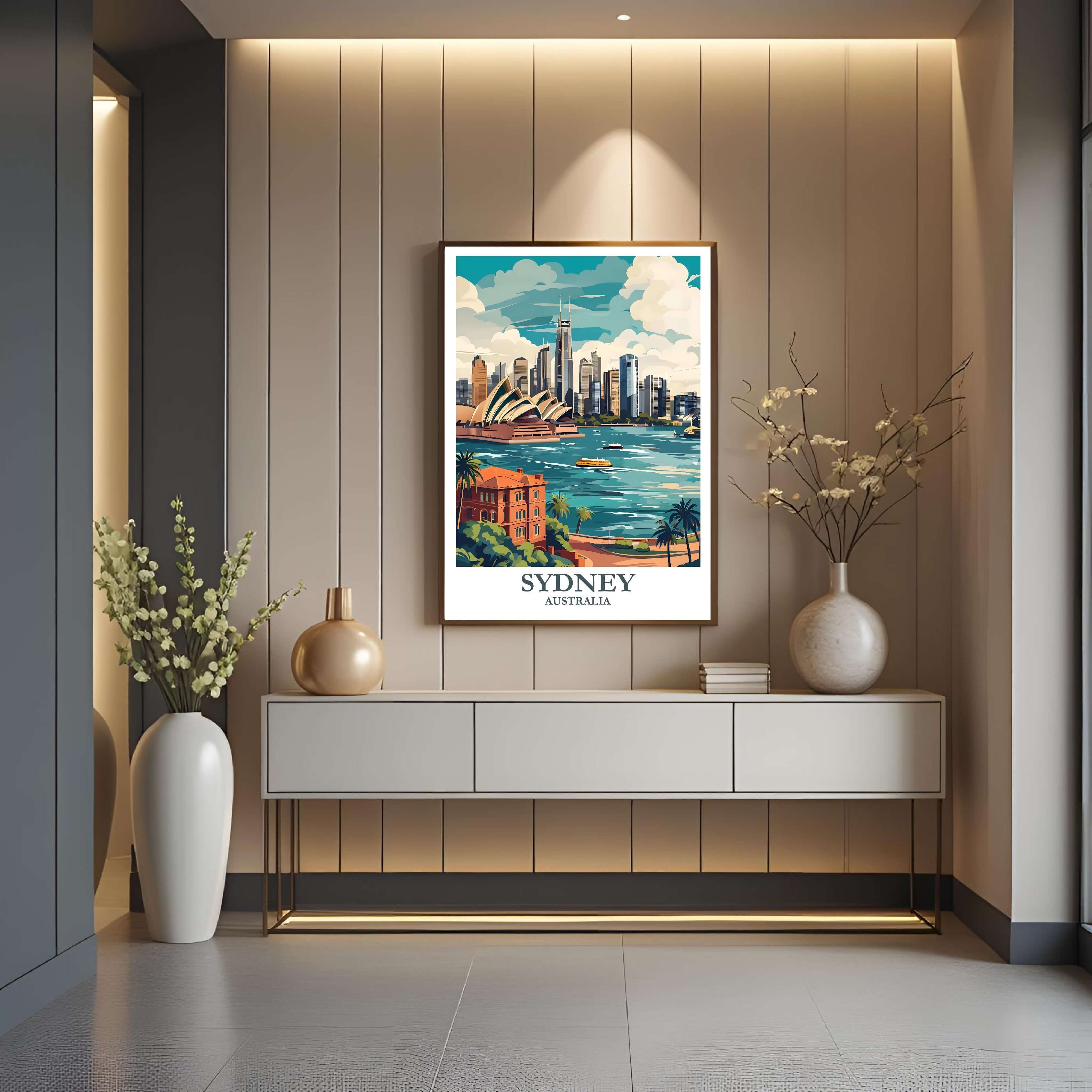 A framed art print depicting the vibrant Sydney Harbour at sunrise or sunset, styled to complement a sophisticated, elegance-focused interior.
